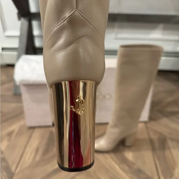 Jimmy Choo Rydea Cream Heeled Boots with Gold Accents - Picture 3 of 10